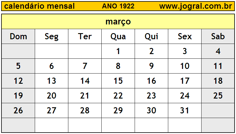 Calendário do Ano 1922 Mês de Março