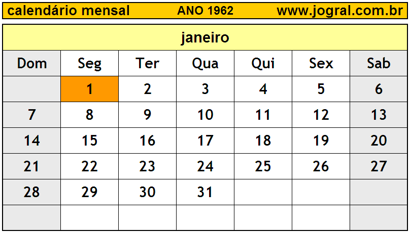 Calendário do Ano 1962 Mês de Janeiro