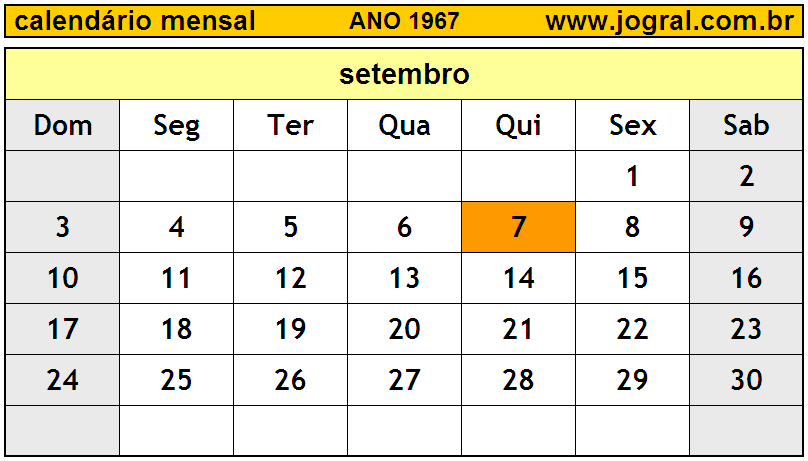 Calendário do Ano 1967 Mês de Setembro