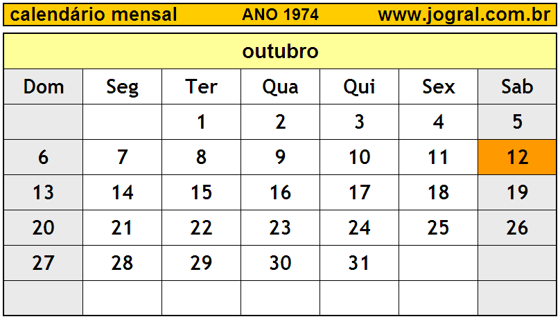 Calendário do Ano 1974 Mês de Outubro