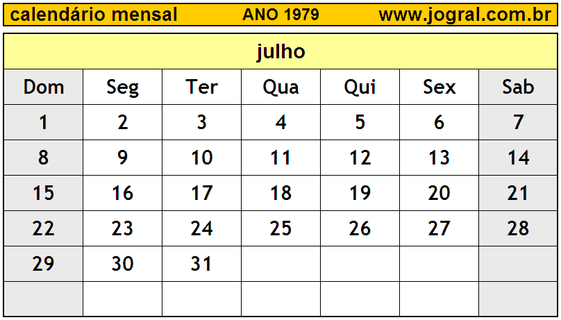 Calendário do Ano 1979 Mês de Julho