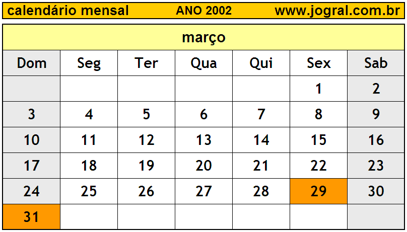 Calendário do Ano 2002 Mês de Março