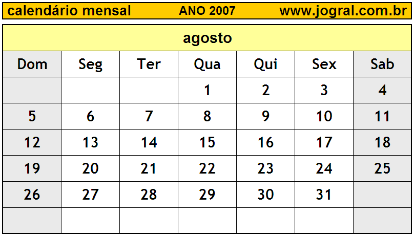 Calendário do Ano 2007 Mês de Agosto