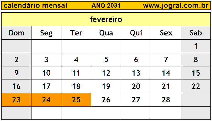 Calendário do Ano 2031 Mês de Fevereiro