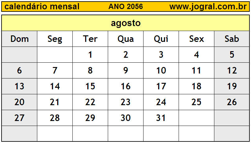 Calendário do Ano 2056 Mês de Agosto