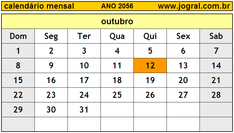 Calendário do Ano 2056 Mês de Outubro