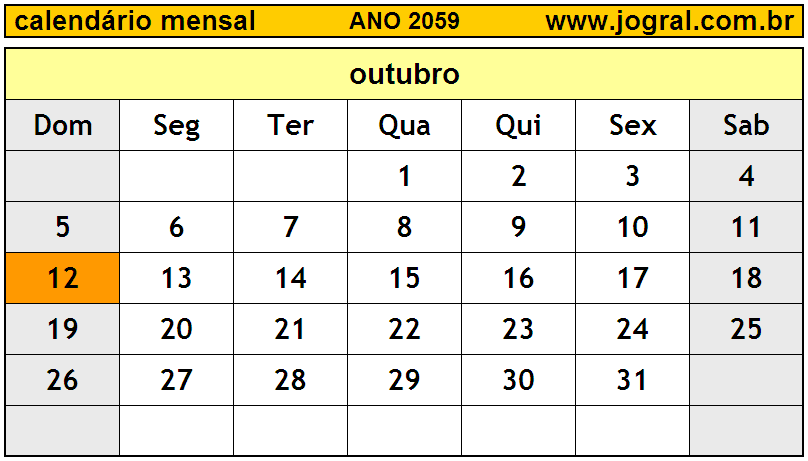 Calendário do Ano 2059 Mês de Outubro