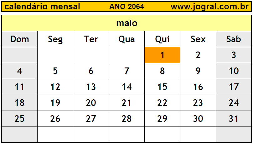 Calendário do Ano 2064 Mês de Maio