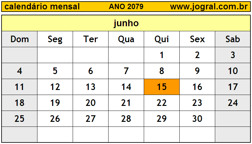 Calendário do Ano 2079 Mês de Junho