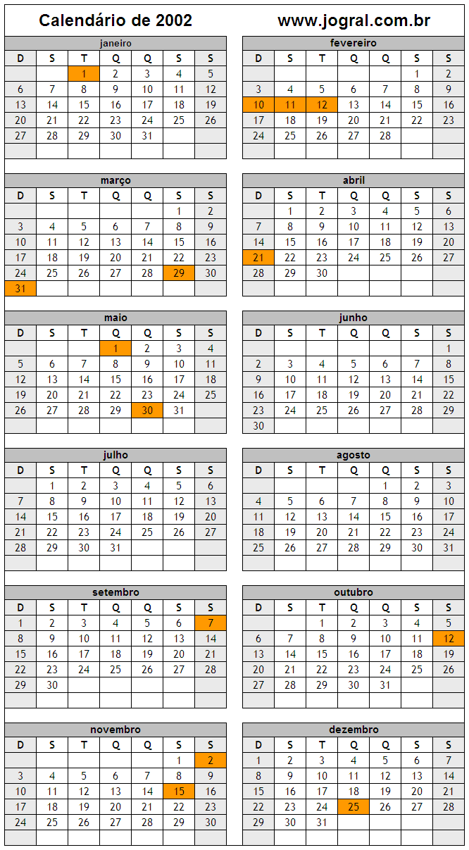 Calendário Do Ano 2002 Para Imprimir Em Formato Pdf E Imagem
